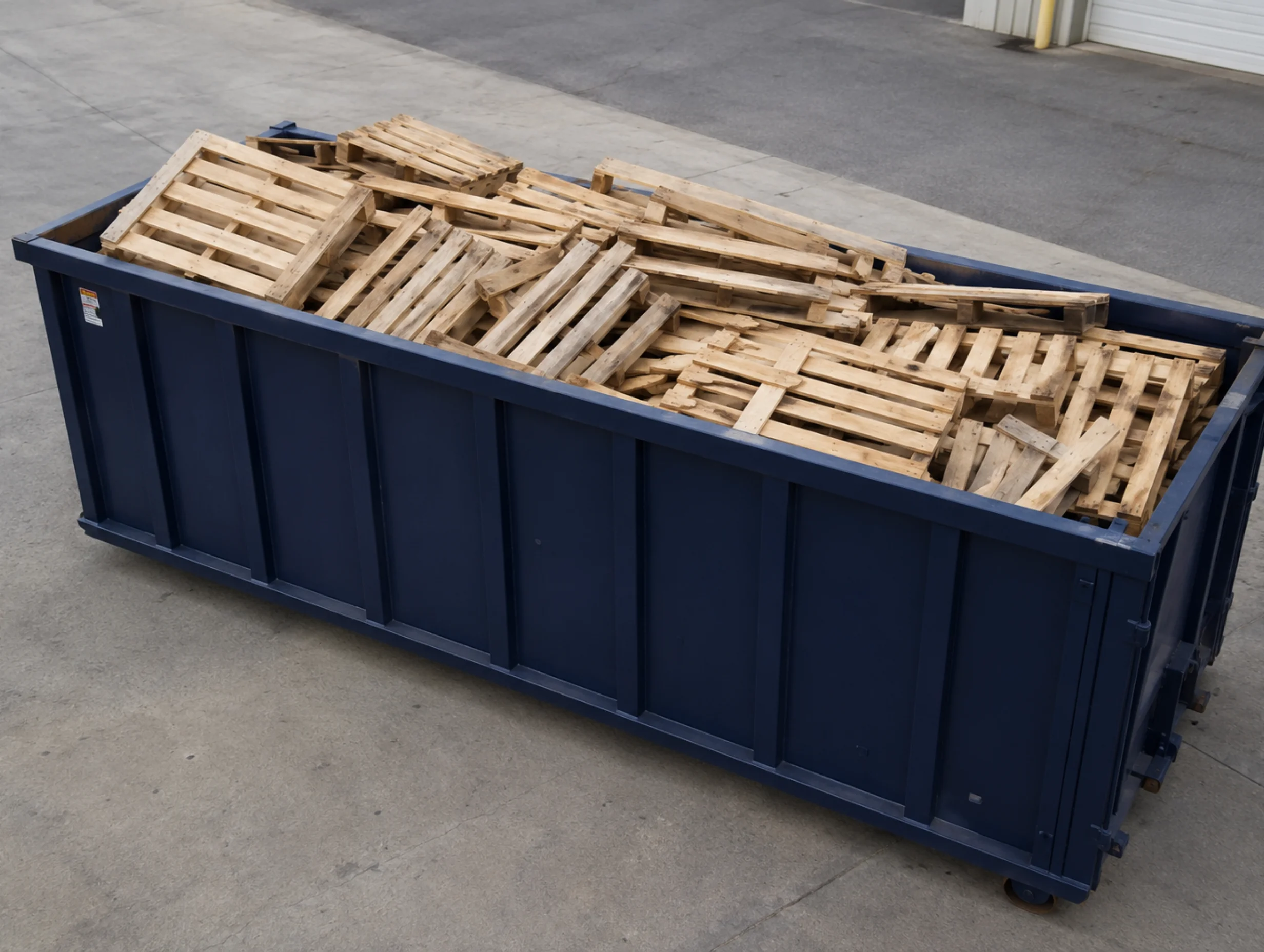 Top view of a dumpster full of wood pallets