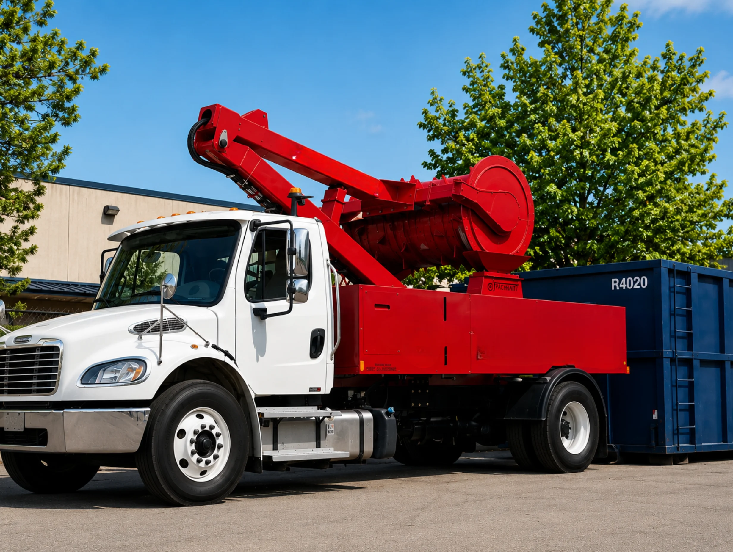 Red compaction truck against a dumpster