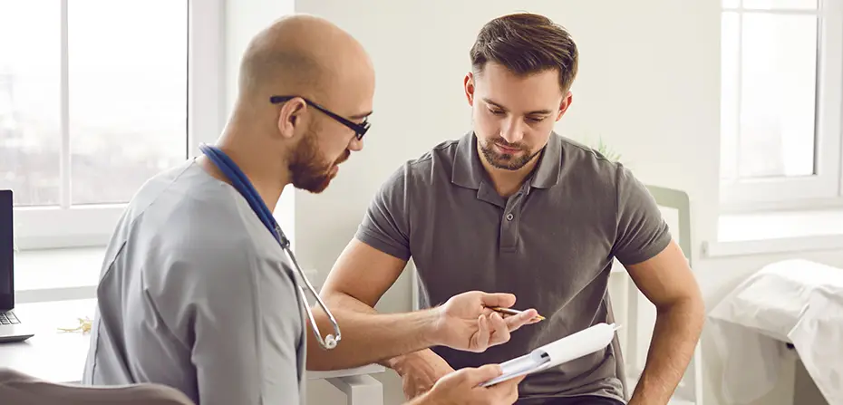 Male doctor and patient reviewing medical documents together in a bright consultation room.