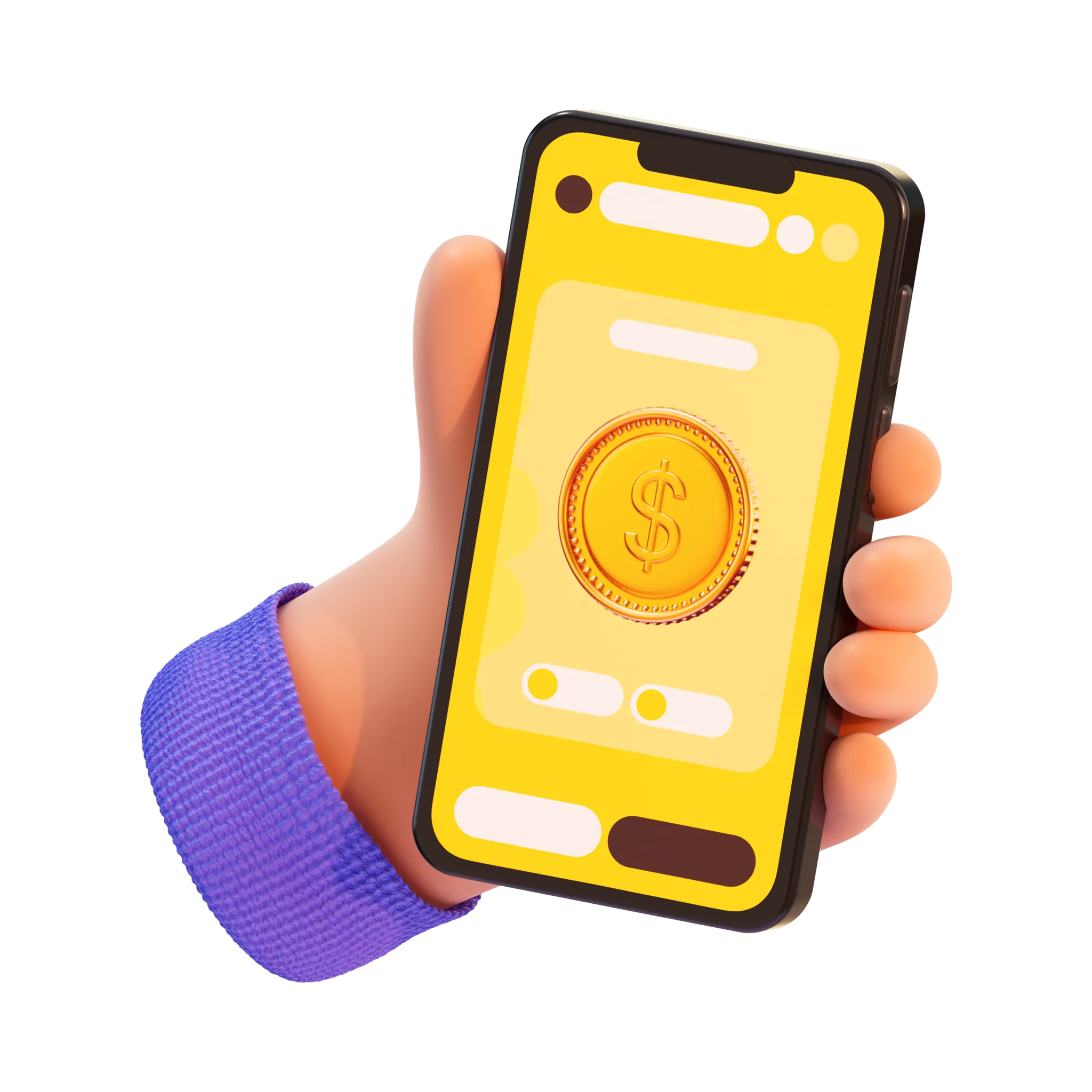 Hand holding smartphone with a bright yellow screen showing a large golden coin with a dollar sign.