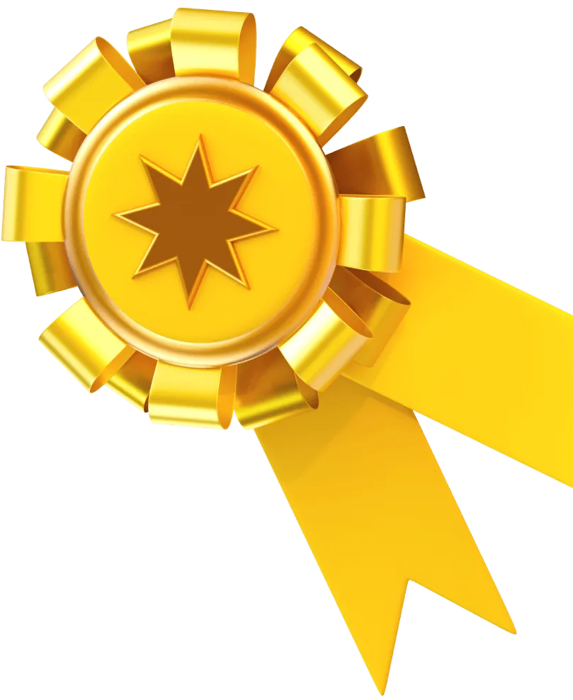 Gold award ribbon with a star shape in the center and two hanging tails.