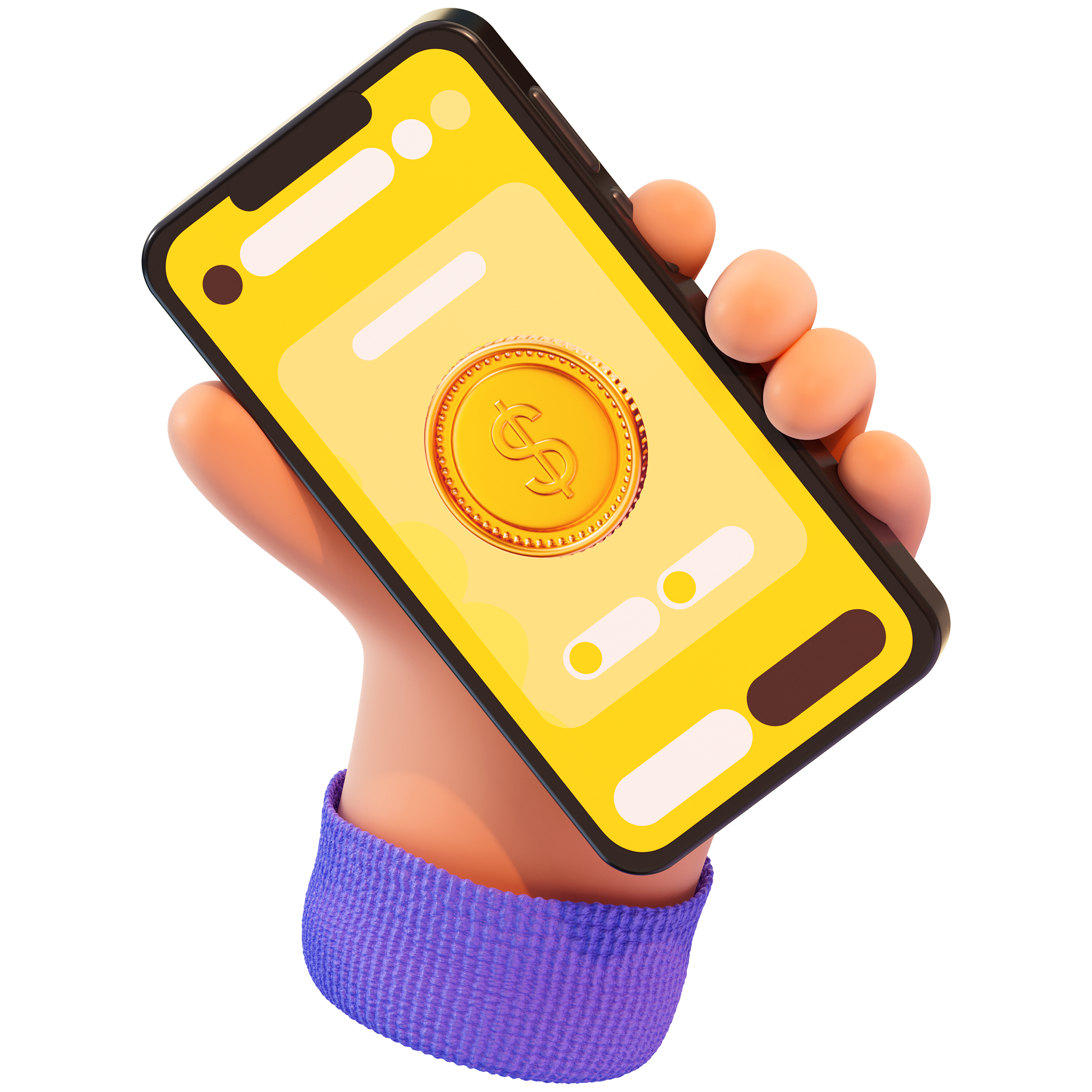 Hand holding a smartphone displaying a yellow screen with a gold coin featuring a dollar symbol.