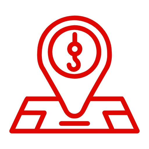 Red icon of container on rail cart, symbolizing international freight.