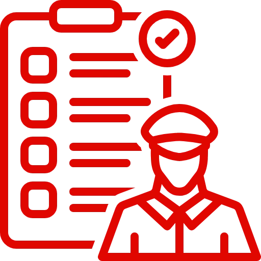 Red icon of a customs officer with a checklist, representing efficient customs management.