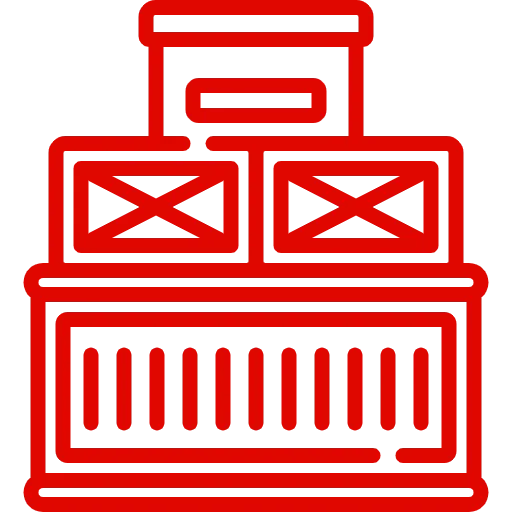 Red icon of a warehouse with containers, representing free trade zone logistics operations.
