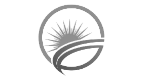 Corporate logo with sun design in grayscale.