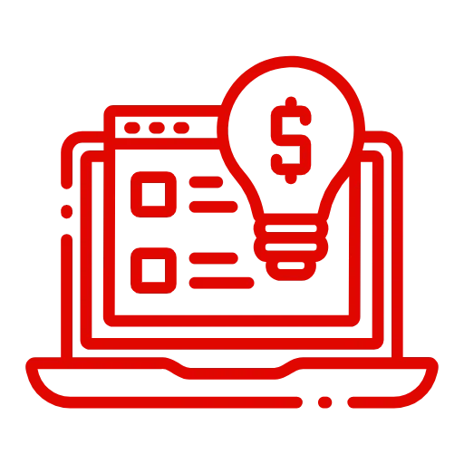 Red icon of a laptop with a light bulb and dollar sign, symbolizing smart systems and logistics data insights.