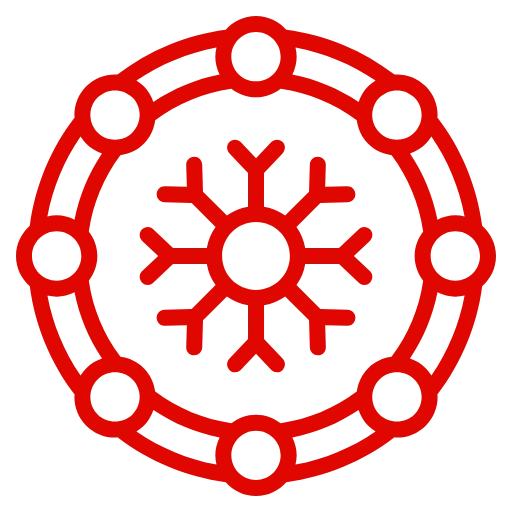 Red icon with a snowflake and connected circles, representing cold chain logistics solutions.