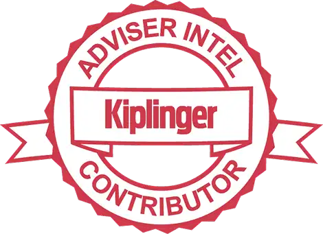 Kiplinger Advisor Intel Contributor badge with red text and ribbon on white background.