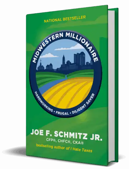 Book cover of Midwestern Millionaire by Joe F. Schmitz Jr. with a city skyline and farmland illustration.