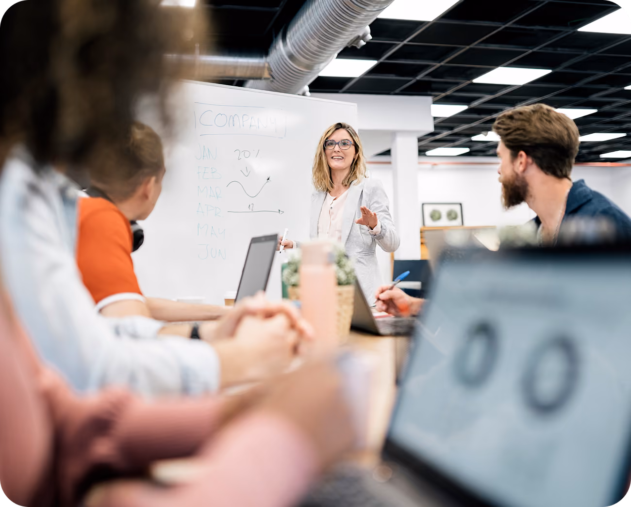Woman presenting at whiteboard with charts to a group of people in a modern office meeting.