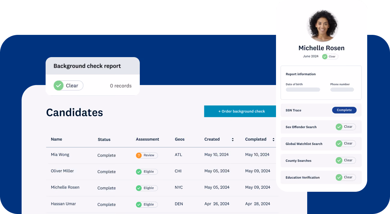 An app interface of a Checkr background check report showing status for individual.