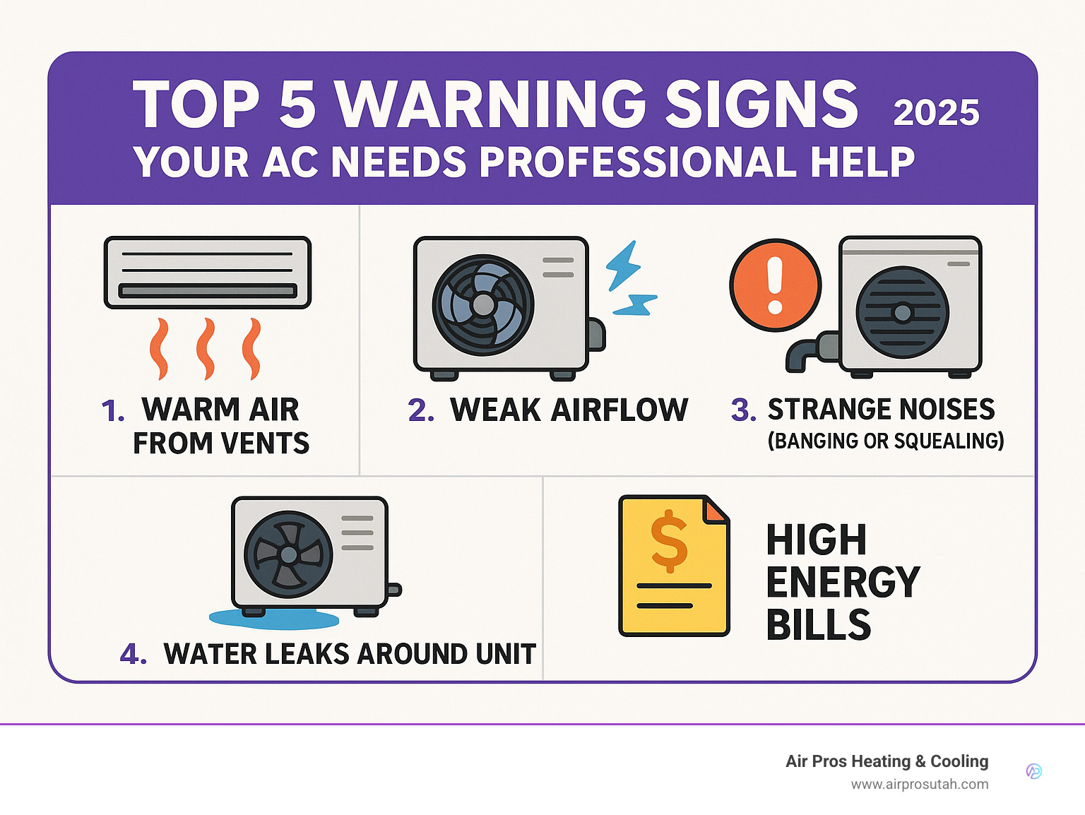 Infographic showing the top 5 warning signs your AC needs professional help: 1. Warm air from vents, 2. Weak airflow, 3. Strange noises like banging or squealing, 4. Water leaks around unit, 5. High energy bills with poor cooling performance - ac repair and installation near me infographic