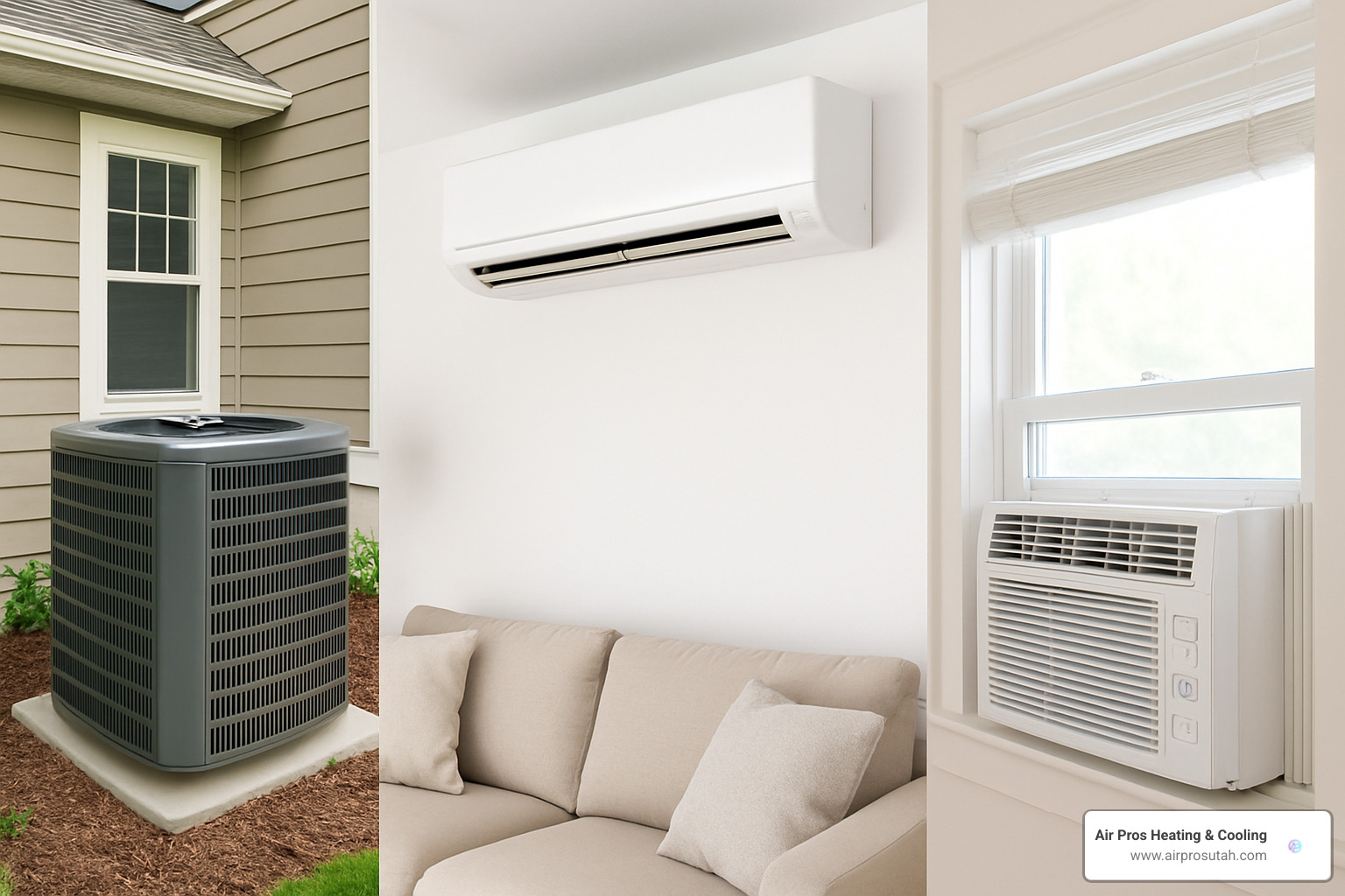 Collage showing different types of energy efficient air conditioners including central units, ductless mini-splits, and window units - energy efficient air conditioner