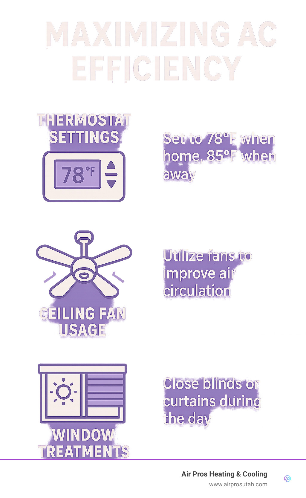 Infographic showing thermostat settings, ceiling fan usage, and window treatments for maximum AC efficiency - energy efficient air conditioner infographic