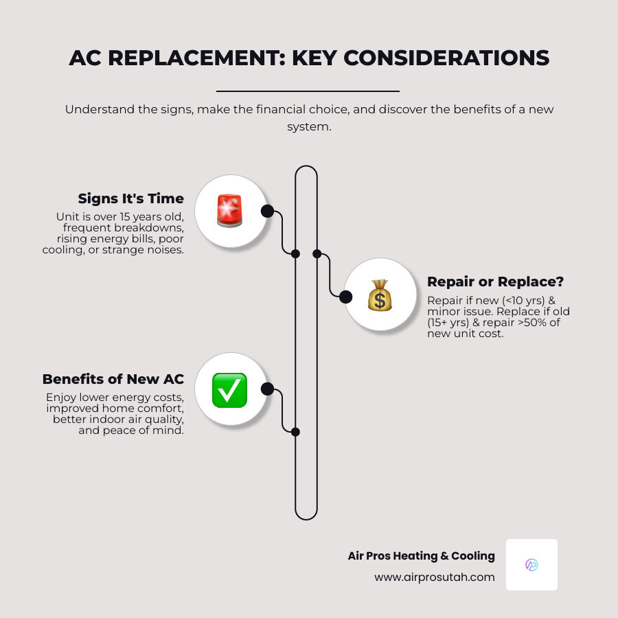 Infographic detailing signs you need AC replacement, repair vs. replace considerations, and benefits of a new unit - ac replacement near me infographic infographic-line-3-steps-neat_beige