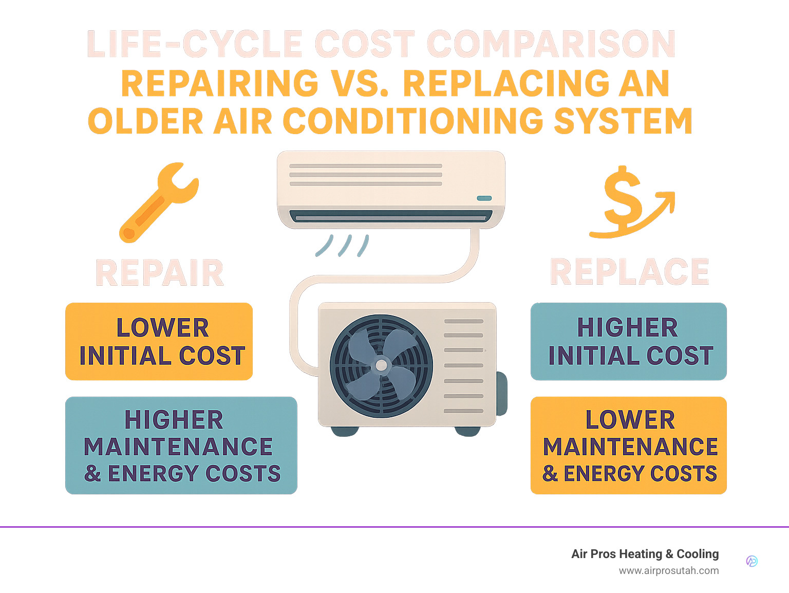 Life-cycle cost comparison between repairing versus replacing an older air conditioning system - air conditioner repair salt lake city infographic 