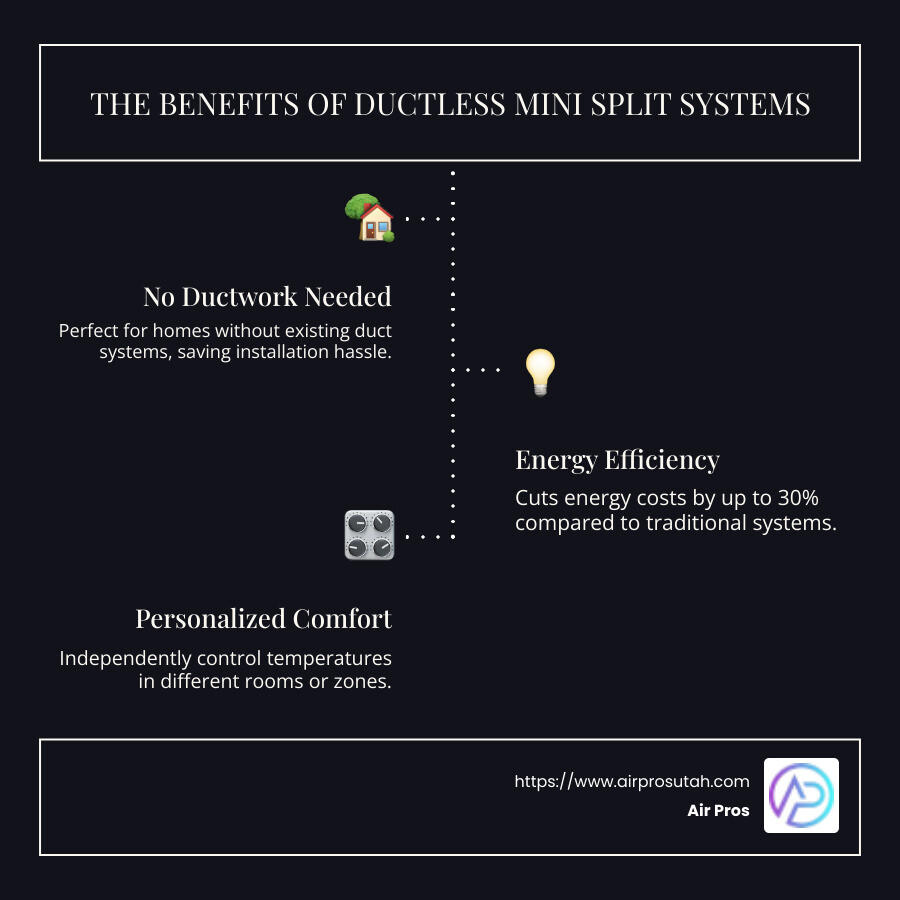 Illustration of how ductless mini split systems work with labeled components and an efficiency comparison chart to central air systems - how do ductless mini split systems work infographic infographic-line-3-steps-dark