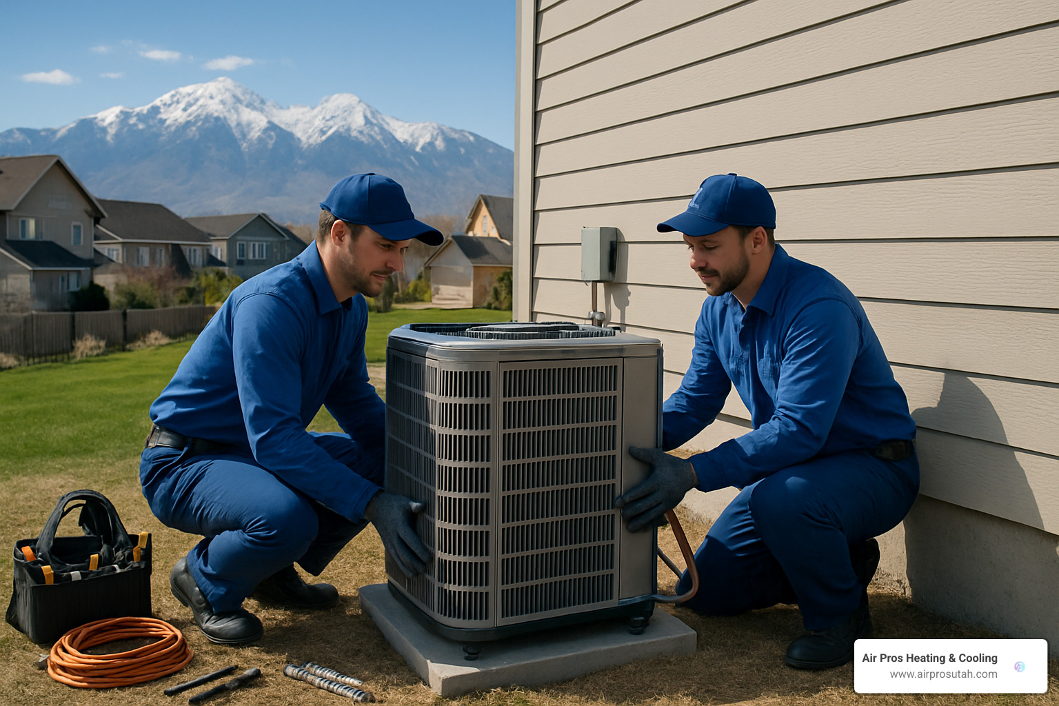 HVAC technicians installing outdoor condenser unit for central air conditioning system - air conditioning installation salt lake city ut