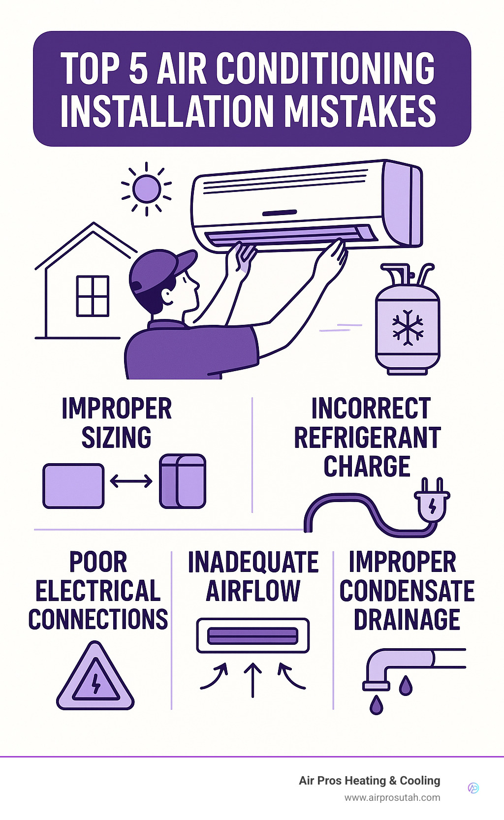 Top 5 air conditioning installation mistakes including improper sizing, incorrect refrigerant charge, poor electrical connections, inadequate airflow, and improper condensate drainage - air conditioning installation salt lake city ut infographic 