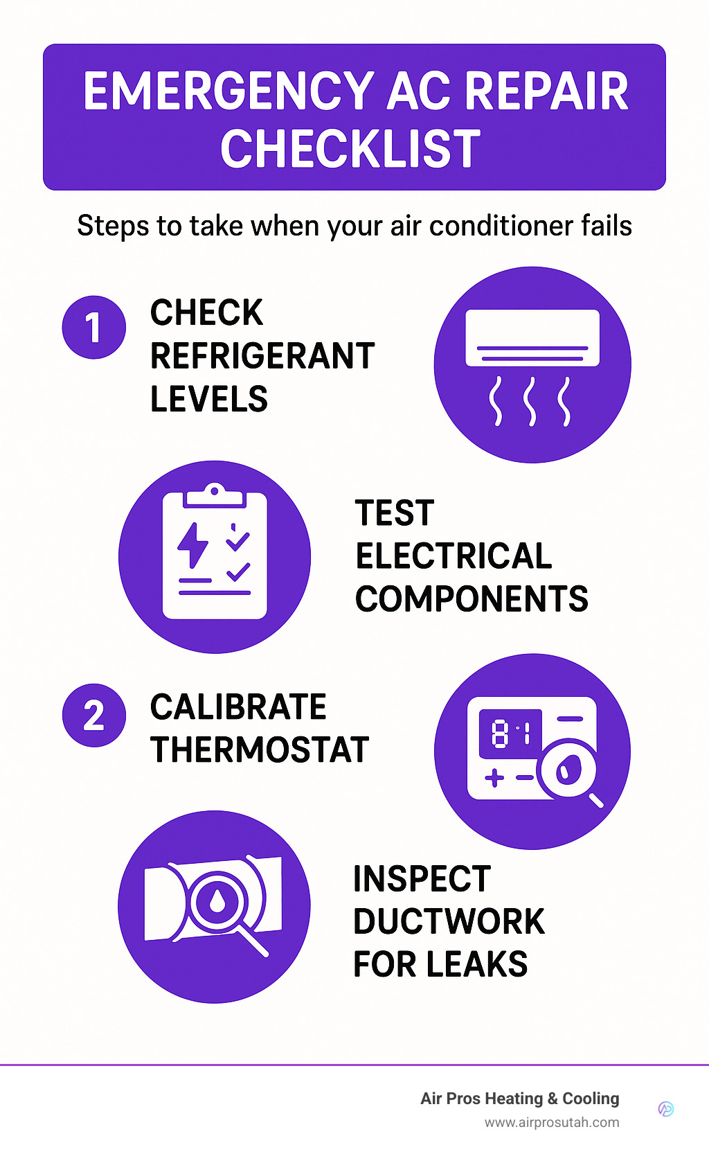 Emergency AC repair checklist with step by step actions to take when your air conditioner fails - ac repair salt lake city infographic