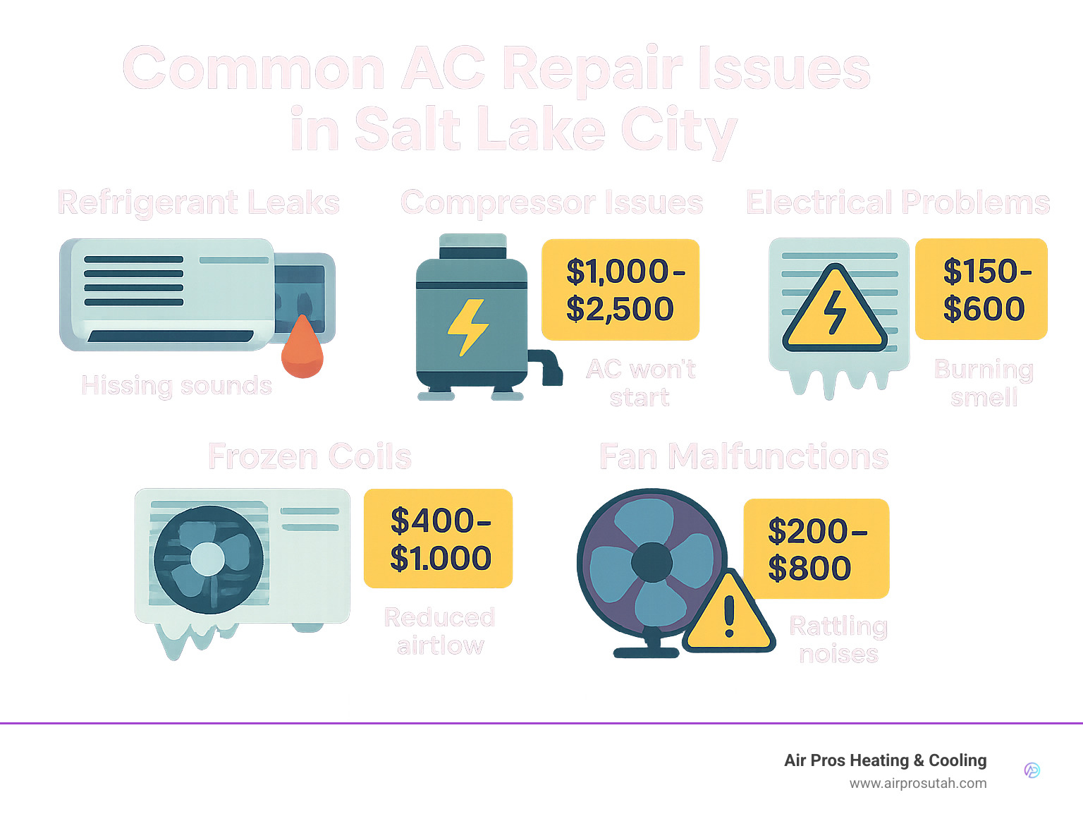Common AC repair issues in Salt Lake City showing refrigerant leaks, compressor issues, electrical problems, frozen coils, and fan malfunctions with average repair costs and warning signs for each problem - ac repair salt lake city infographic