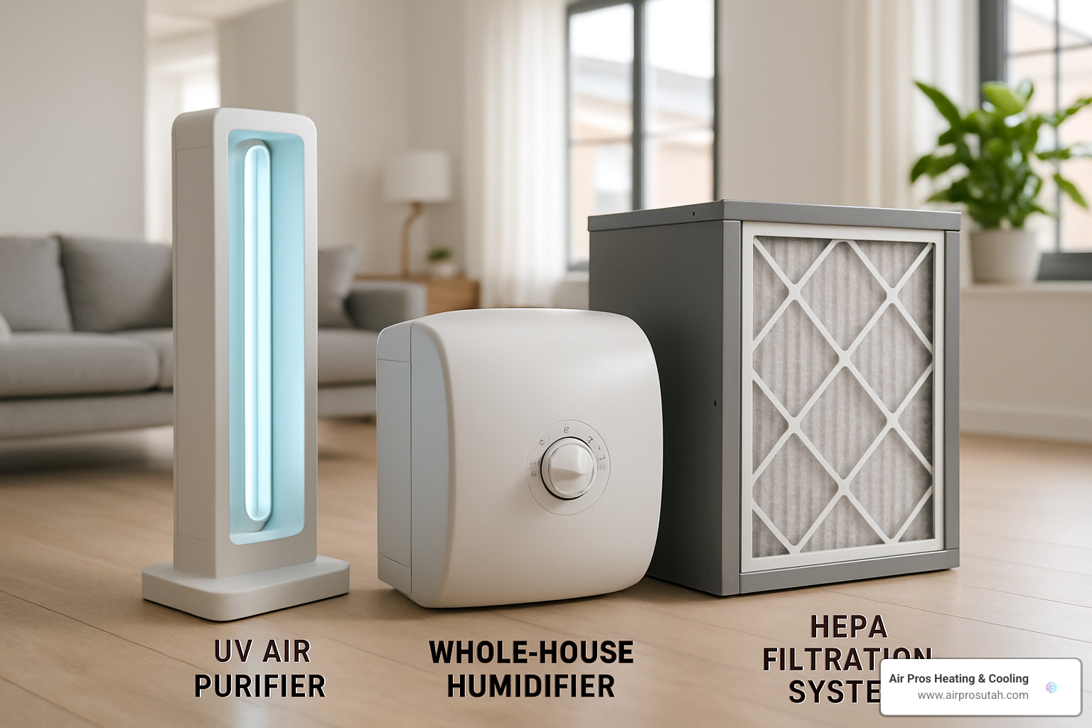 Various indoor air quality devices including UV air purifiers, whole-house humidifiers, and HEPA filtration systems arranged in modern home setting - hvac draper