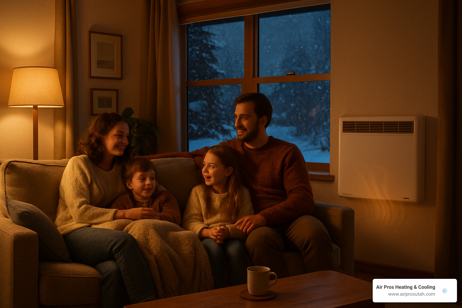 Cozy Draper home interior during winter evening, showing comfortable family setting with efficient heating system maintaining perfect indoor temperature while snow falls outside - hvac draper