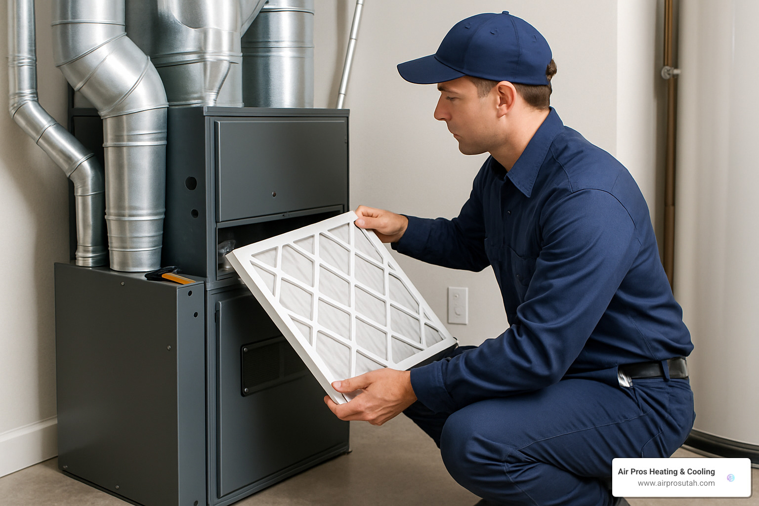 Professional technician carefully replacing HVAC air filter in residential system, showing proper installation technique - hvac draper