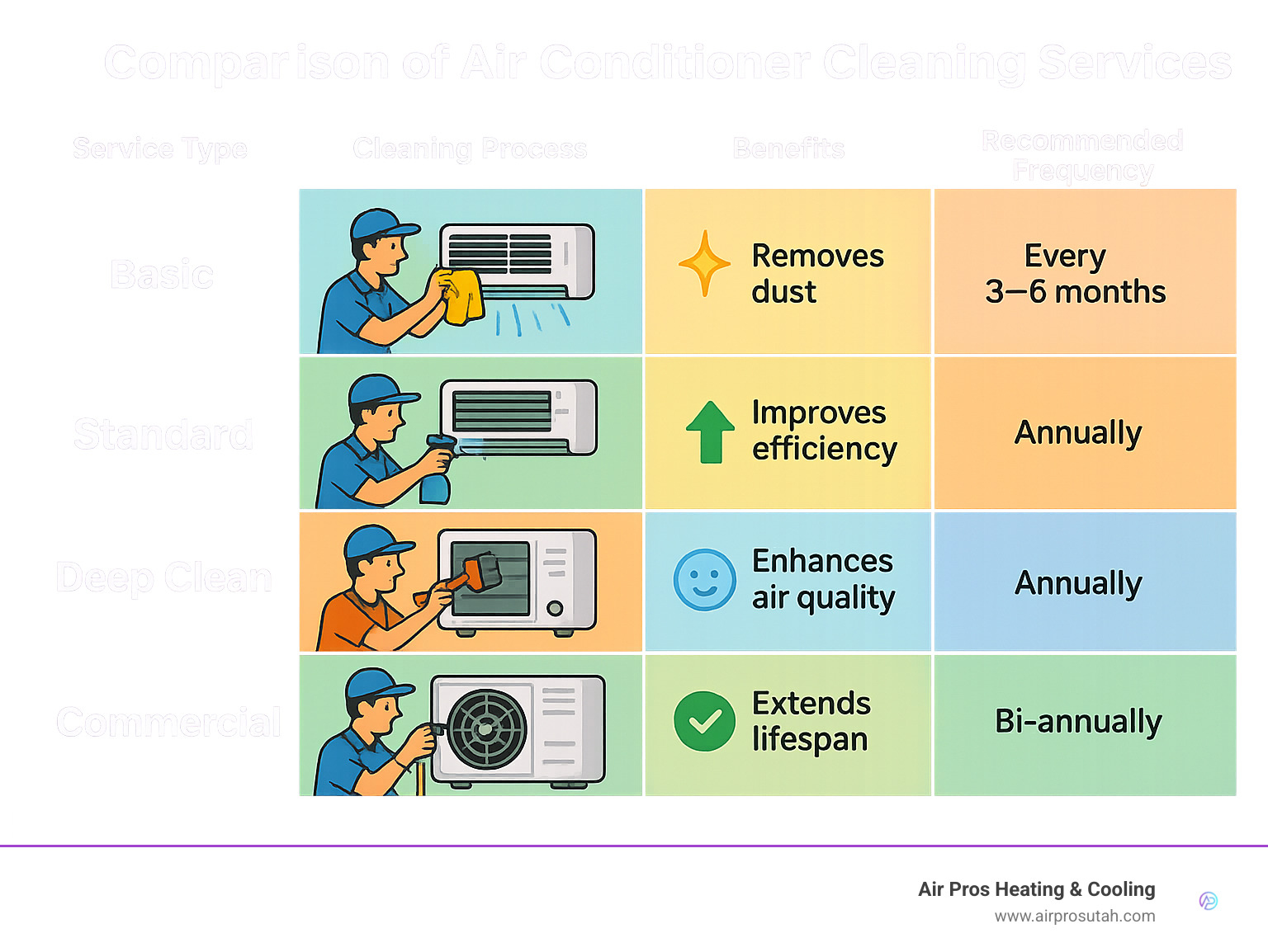 Comparison of professional air conditioner cleaning service types showing the cleaning process, benefits, and recommended frequency for basic, standard, deep clean and commercial services - air conditioner cleaning service infographic 