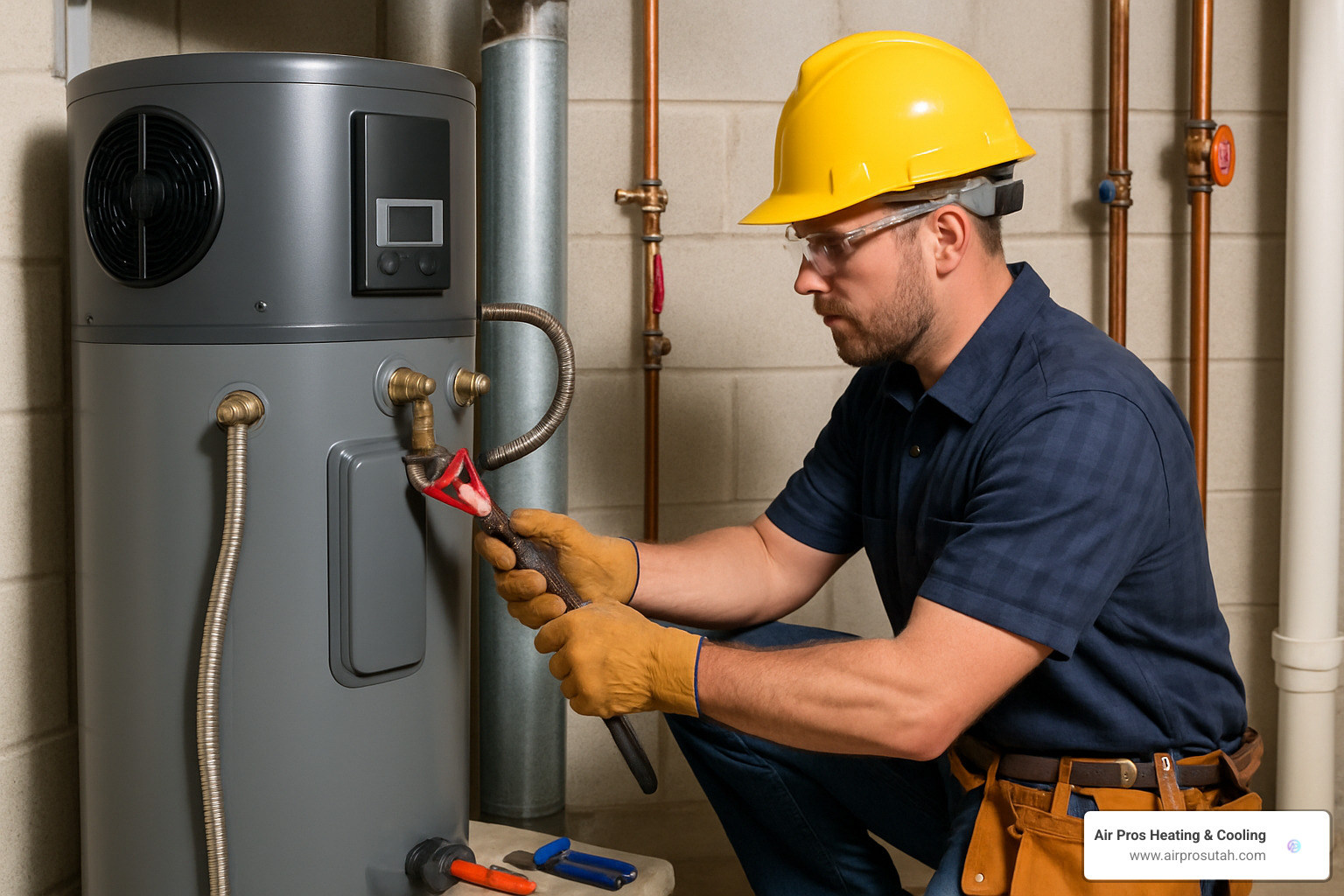Professional contractor installing heat pump water heater - Dominion Energy rebates