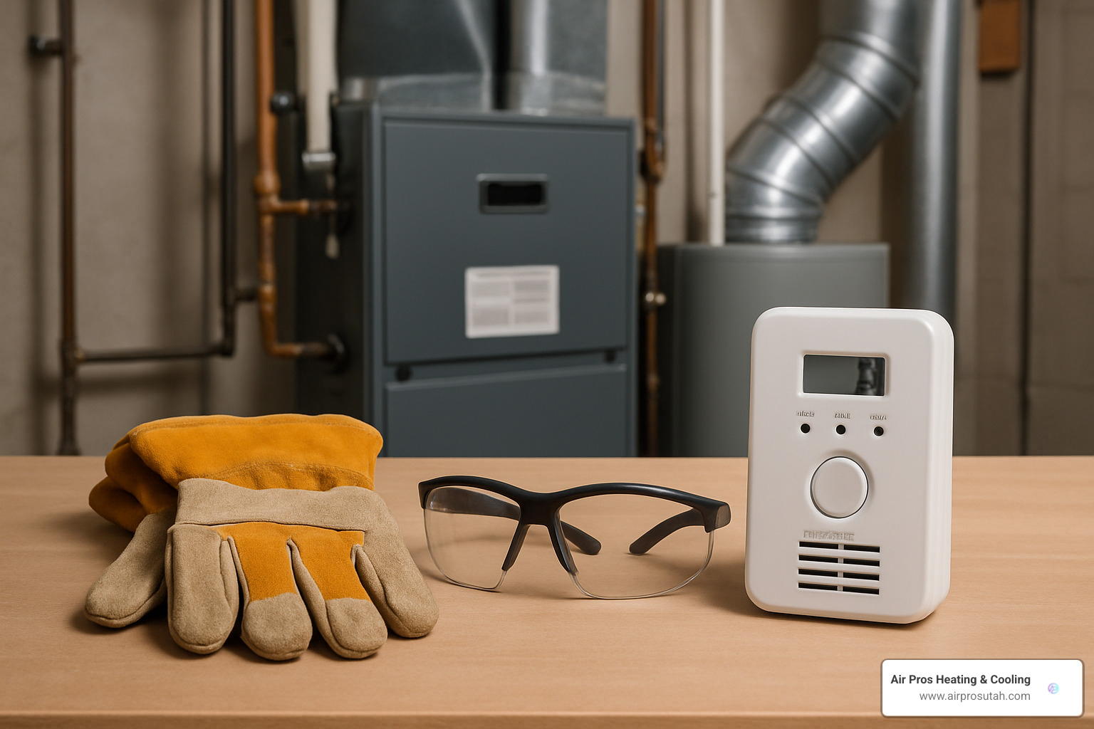 furnace safety equipment including gloves, safety glasses, and carbon monoxide detector - Gas furnace maintenance tips