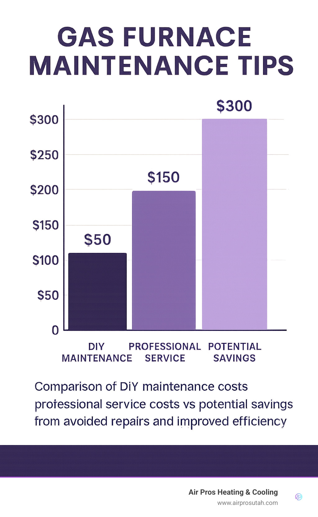 Comparison chart showing DIY maintenance costs vs professional service costs vs potential savings from avoided repairs and improved efficiency - Gas furnace maintenance tips infographic