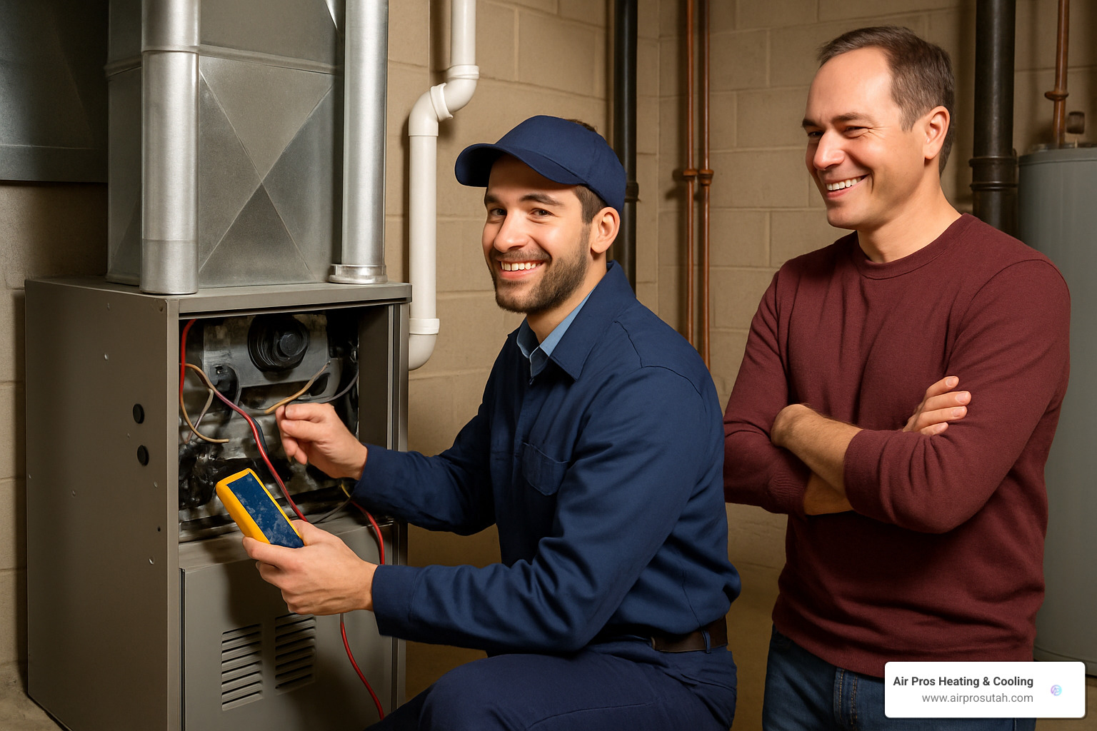 HVAC technician completing furnace maintenance with satisfied homeowner - Gas furnace maintenance tips