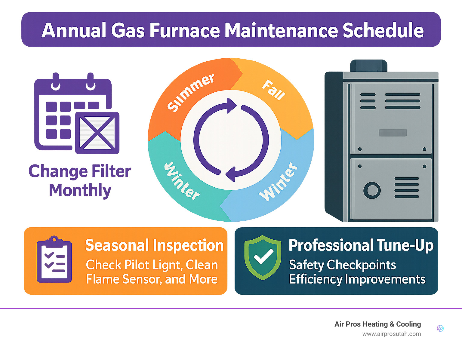 Annual gas furnace maintenance schedule showing monthly filter changes, seasonal inspections, and professional tune-ups with safety checkpoints and efficiency improvements - Gas furnace maintenance tips infographic