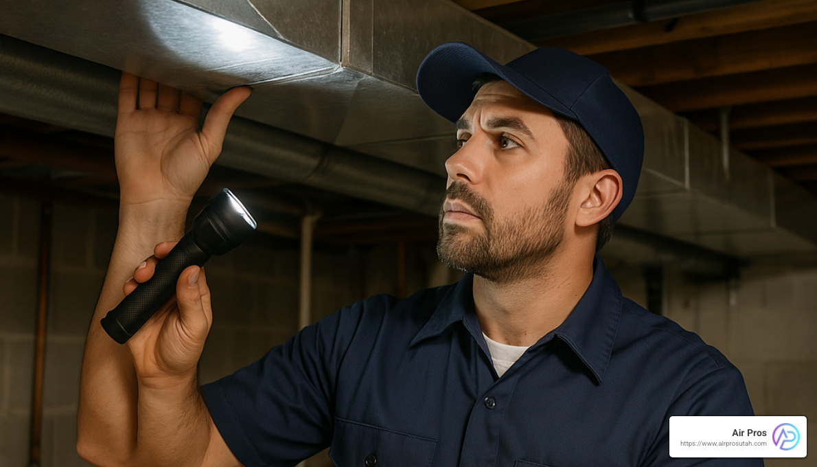 Technician checking ductwork for leaks - Gas furnace troubleshooting guide