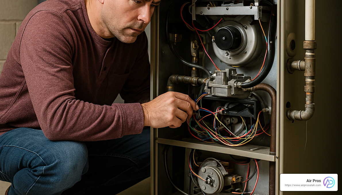 Homeowner following gas furnace troubleshooting steps - Gas furnace troubleshooting guide