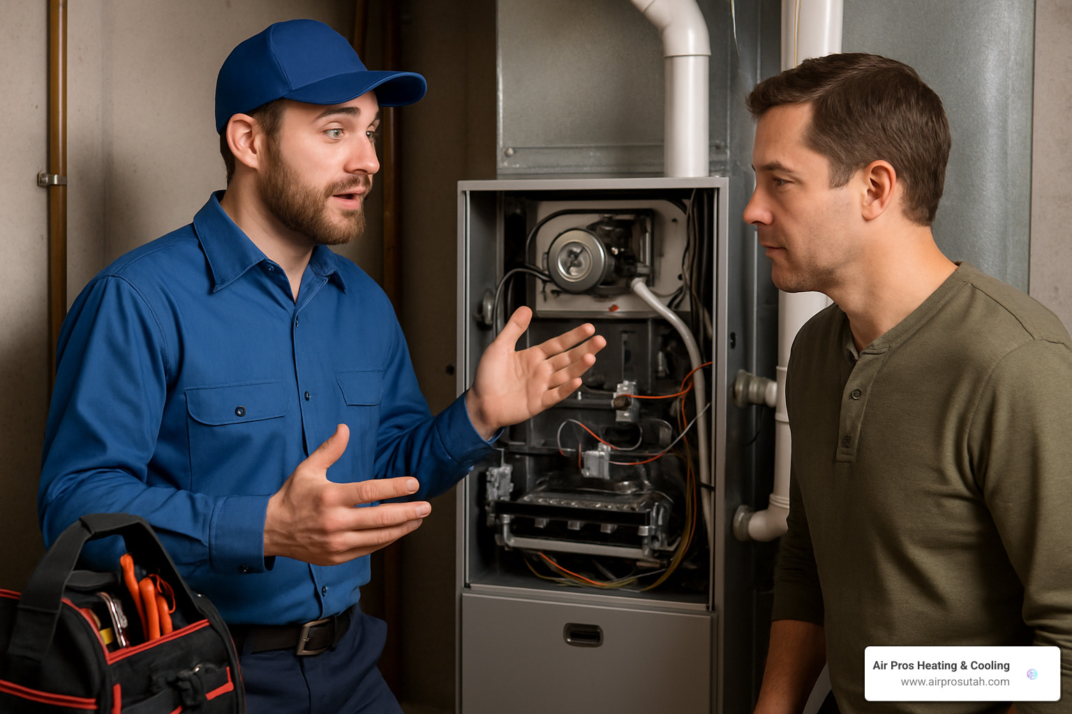 HVAC technician explaining furnace tune-up to homeowner