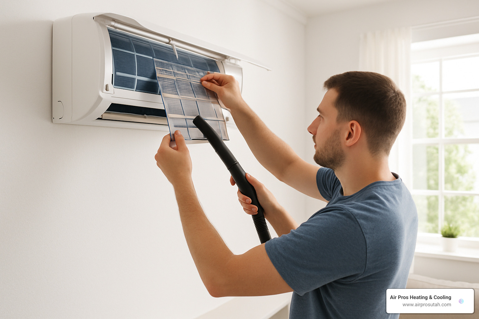 person cleaning ductless heat pump filter - ductless heat pump