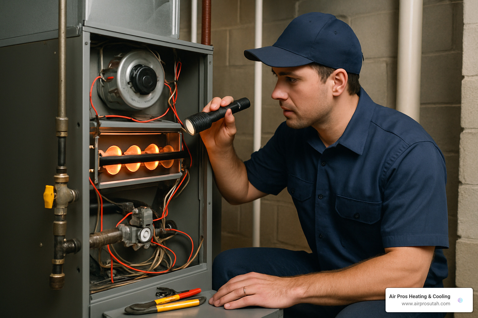 HVAC technician inspecting heat exchanger during furnace repair - furnace repair herriman