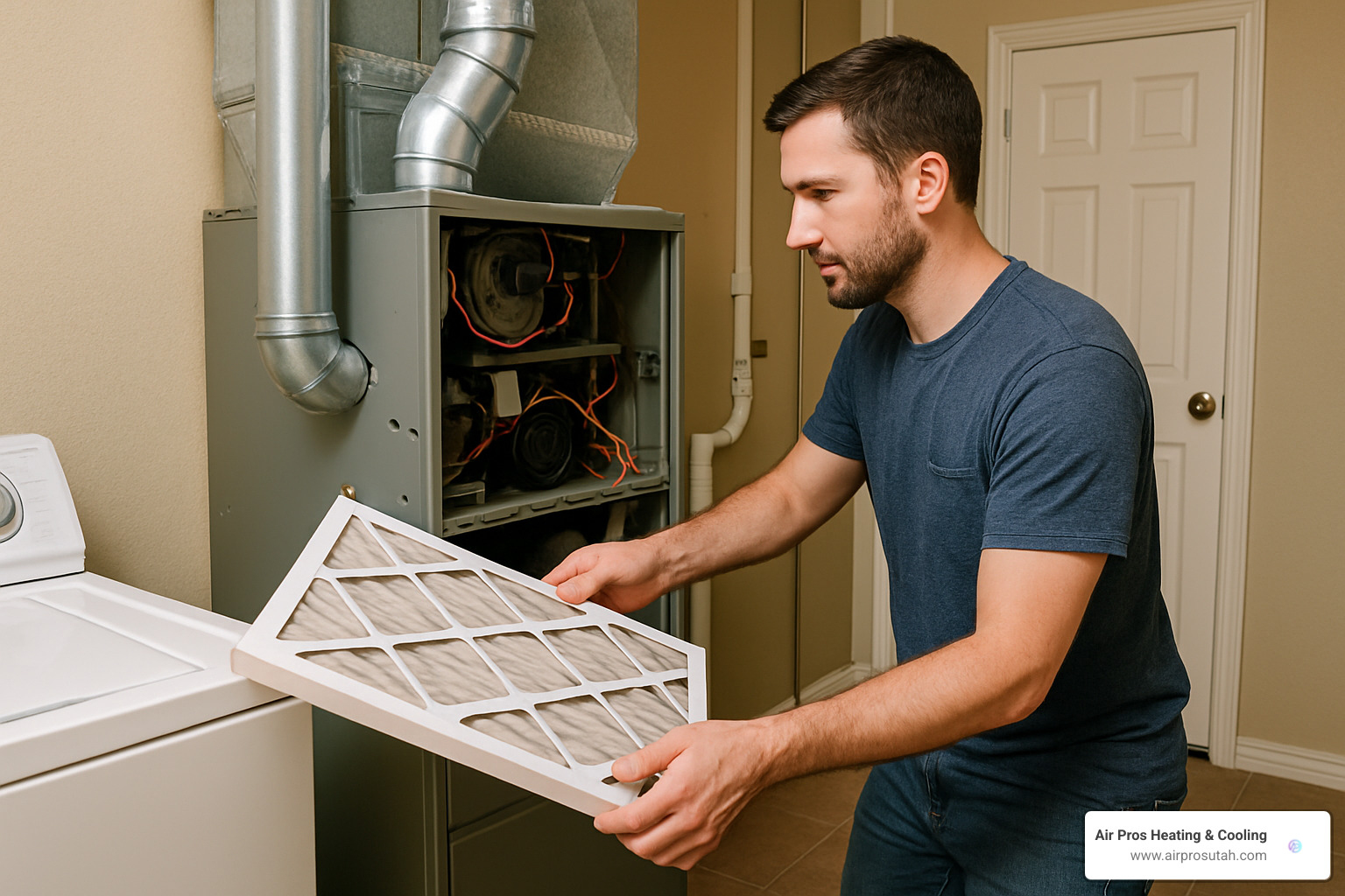 Homeowner changing furnace filter during routine maintenance - furnace repair herriman