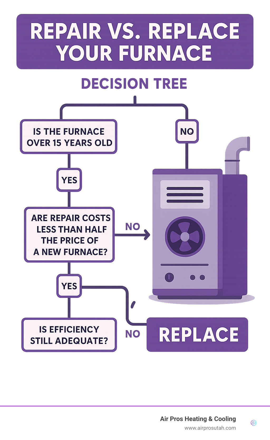 Decision tree showing when to repair vs replace your furnace based on age, repair costs, and efficiency factors - furnace repair herriman infographic