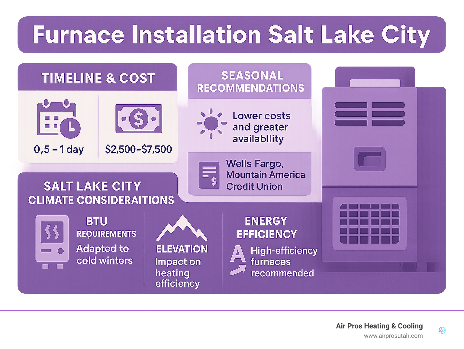 Detailed infographic showing furnace installation timeline, cost breakdown by system type, seasonal timing recommendations, financing options, and key factors for Salt Lake City climate including BTU requirements, elevation considerations, and energy efficiency ratings - Furnace installation Salt Lake City infographic 