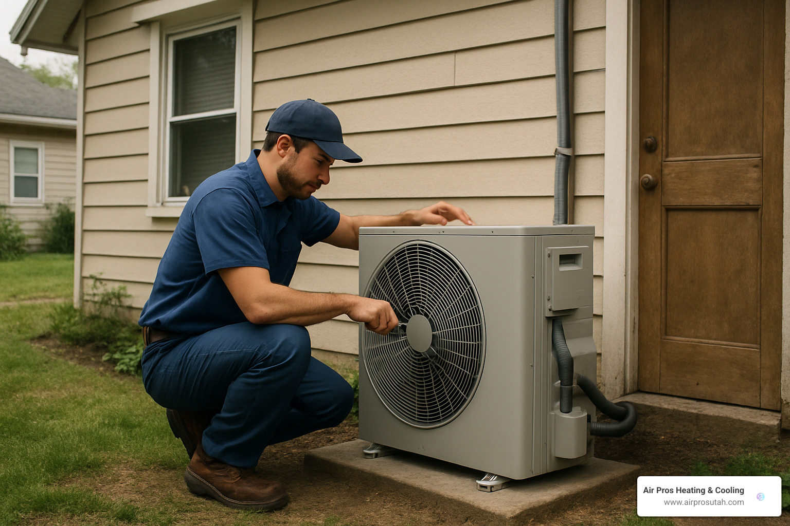 HVAC technician installing heat pump in modest home - HVAC rebates and incentives