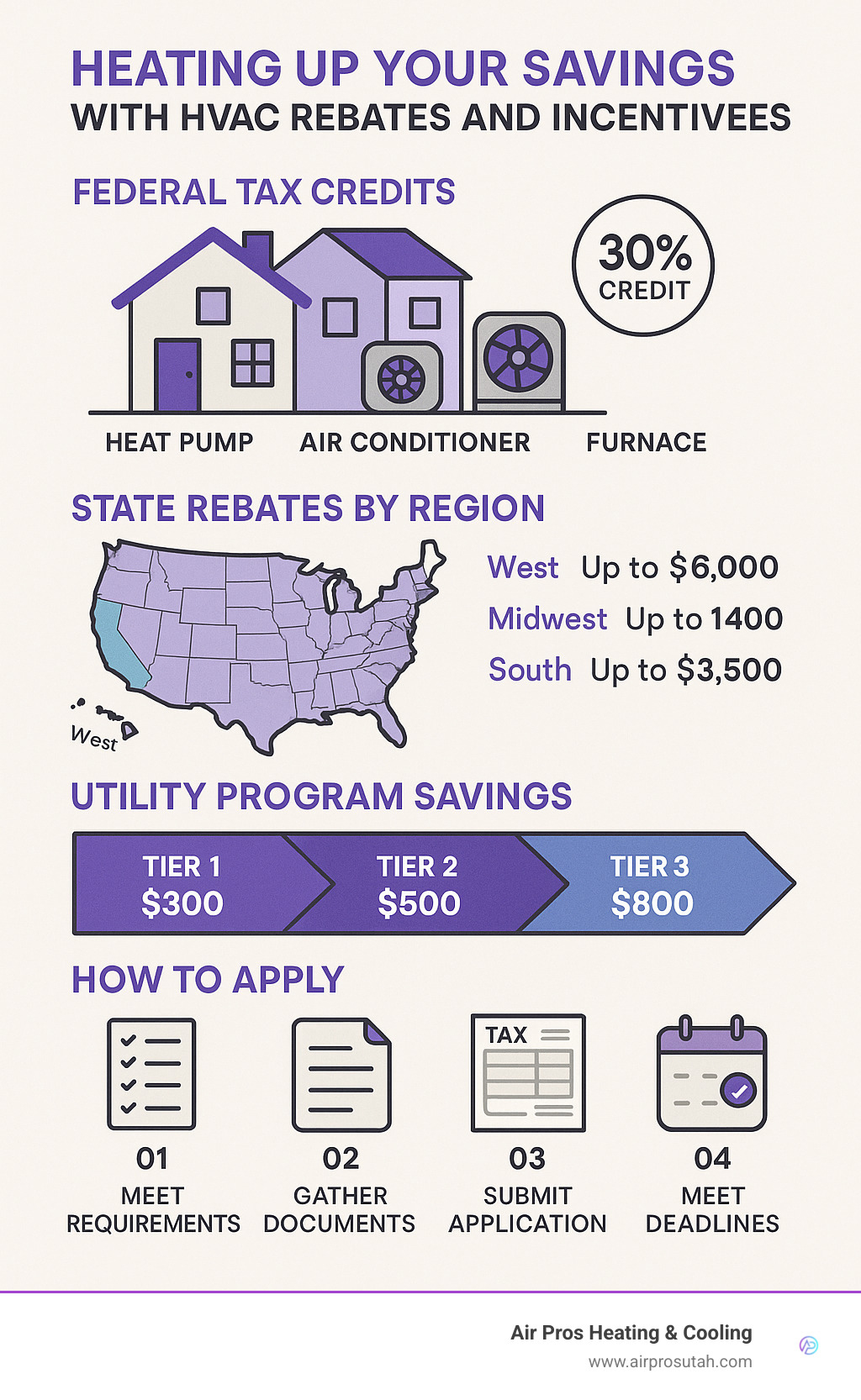 Comprehensive breakdown of federal tax credits showing 30% credit rates for different HVAC equipment types, state rebate examples by region, utility program savings tiers, and step-by-step application process with required documentation and deadlines - HVAC rebates and incentives infographic
