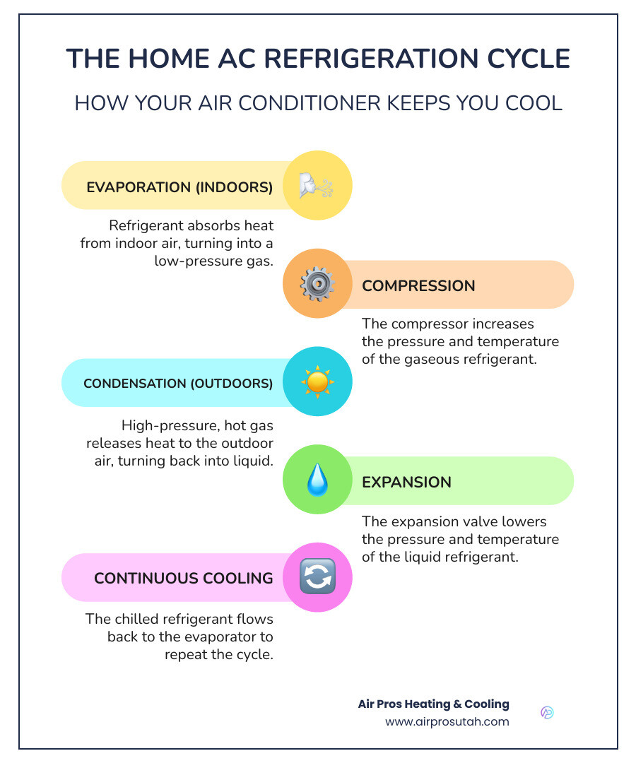 Infographic showing the refrigeration cycle of a home air conditioner with labeled components including evaporator coil, compressor, condenser coil, and expansion valve, demonstrating how refrigerant absorbs heat indoors and releases it outdoors - home air conditioner infographic infographic-line-5-steps-colors