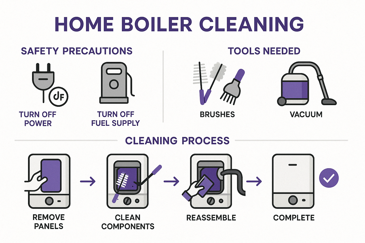 Step-by-step guide to home boiler cleaning showing safety precautions, tools needed, and the complete cleaning process with detailed images of turning off power, removing access panels, cleaning components, and reassembling the unit - home boiler cleaning infographic 
