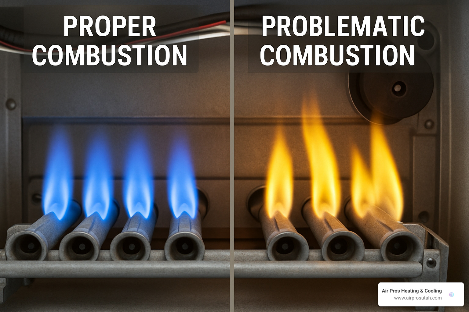 gas furnace burner flame color guide showing blue healthy flame versus yellow problematic flame - Annual furnace maintenance checklist