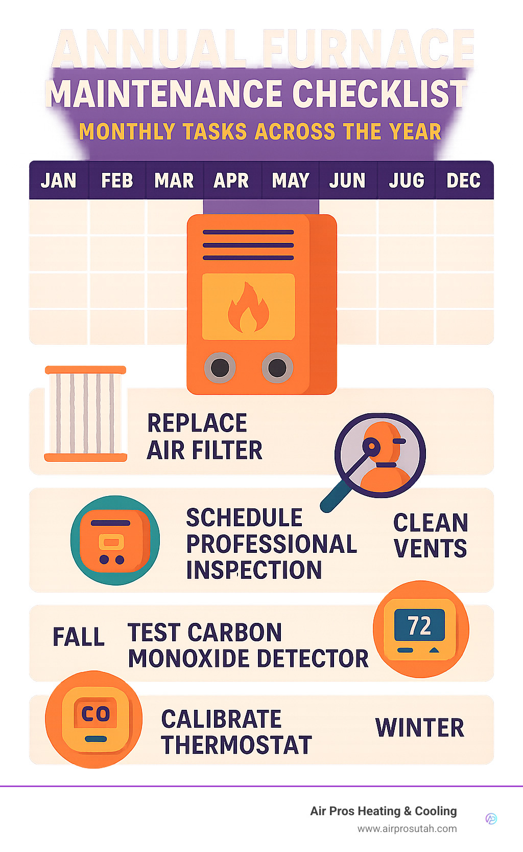 Annual furnace maintenance checklist showing monthly tasks across the year, including filter changes, professional inspection timing, vent cleaning, carbon monoxide detector testing, and thermostat calibration with seasonal recommendations - Annual furnace maintenance checklist infographic 