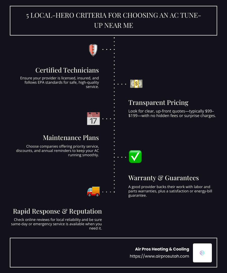 Summary of AC tune-up hero criteria including certification, transparent pricing, guarantees, maintenance plans, rapid response, and local reputation - AC tune-up near me infographic infographic-line-5-steps-dark